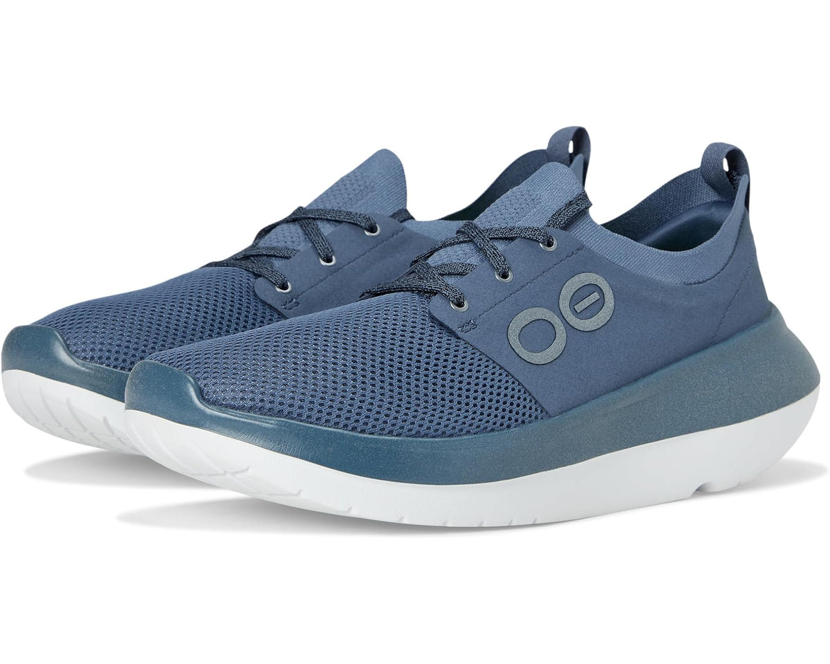 Men's OOFOS OOmy Stride lace-up sneakers, Moroccan Blue mesh upper and white sole