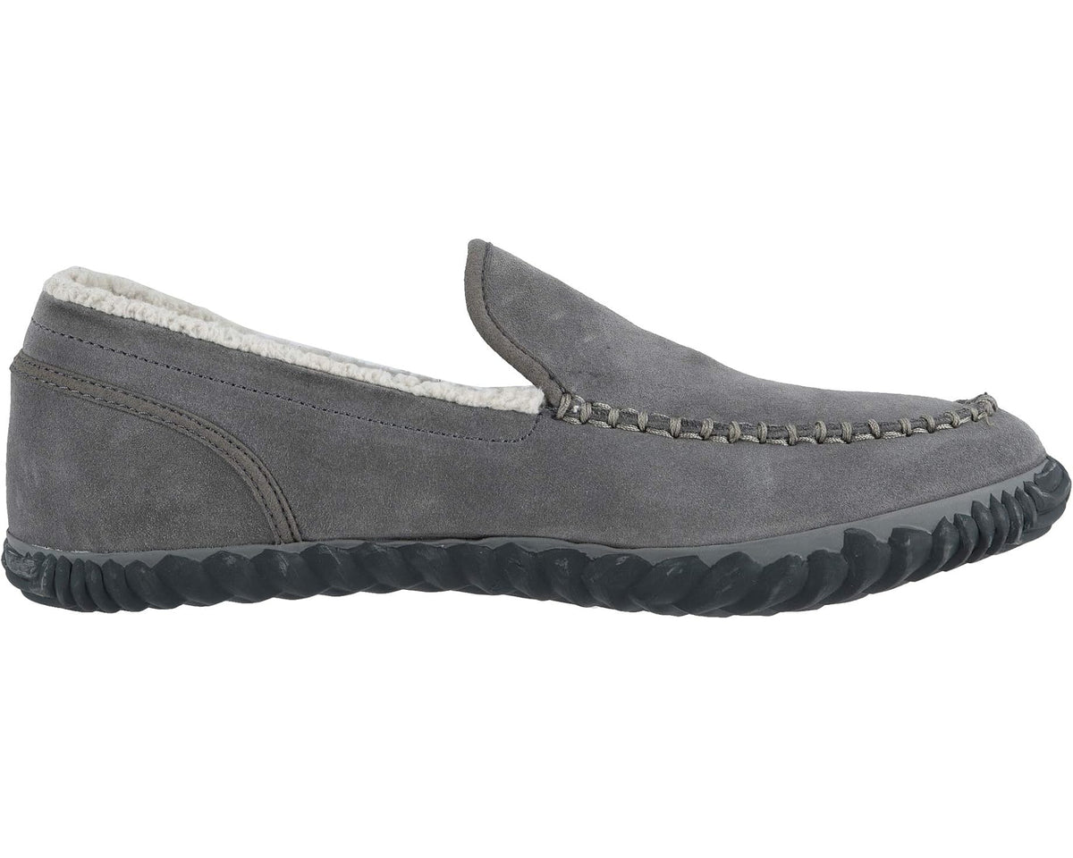 Men's gray suede moccasin slip-on with ridged outsole and shearling trim