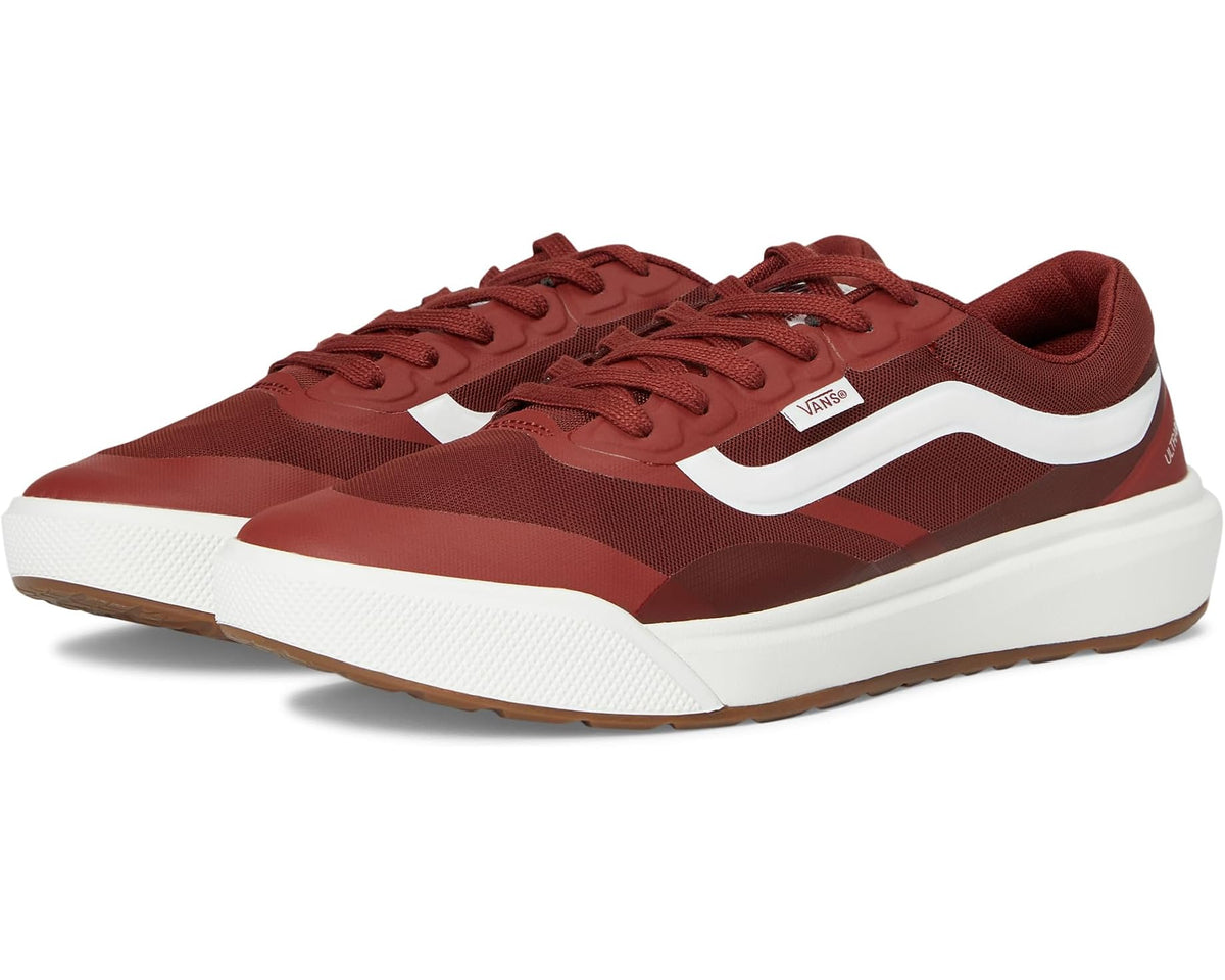 Bordeaux lace-up low-top sneaker with white stripe and white rubber sole