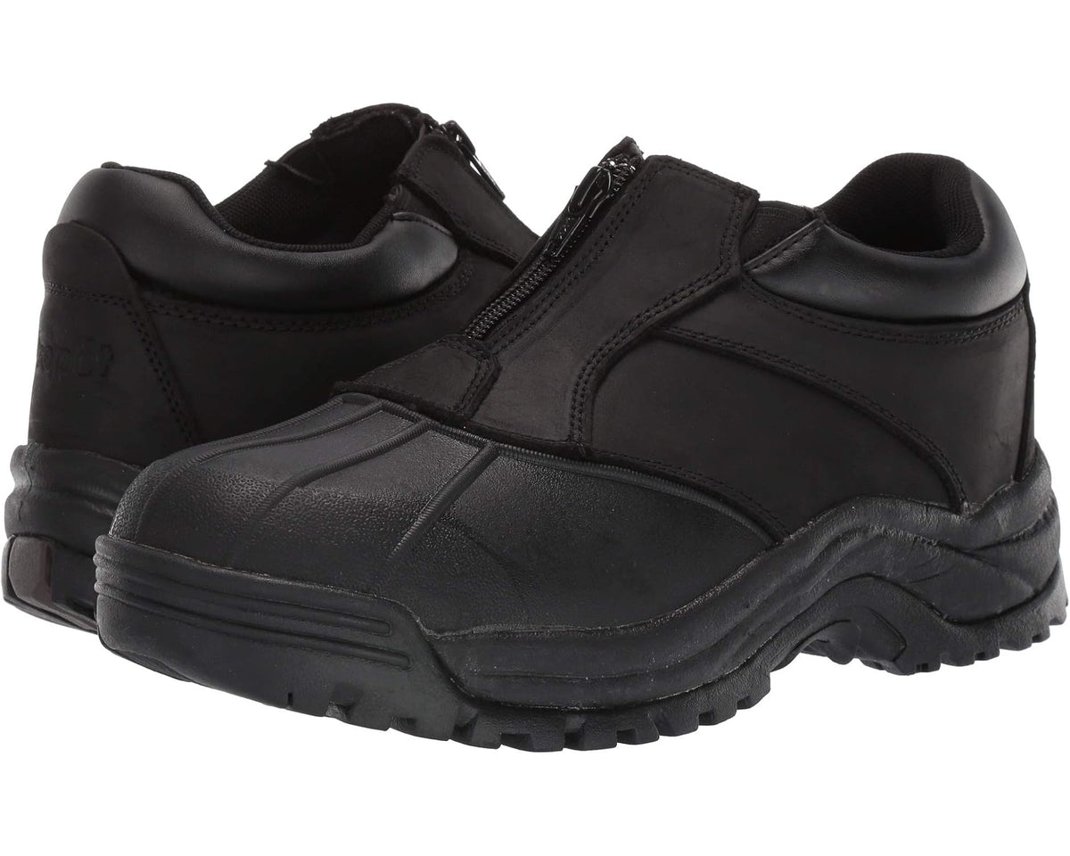 Black men's ankle zip boot with padded collar and cushioned tread sole