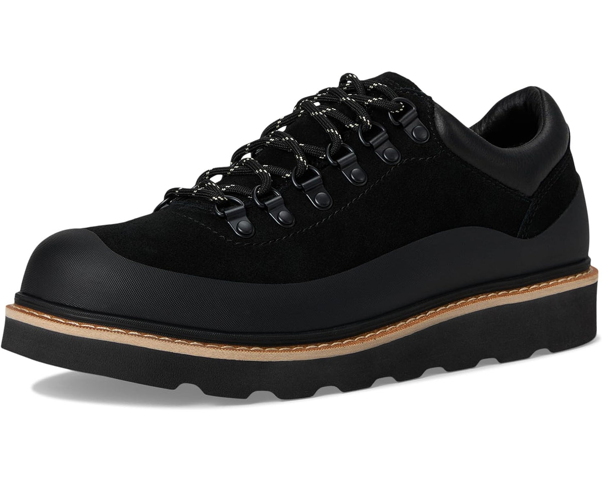 Men's black suede lace-up shoes with chunky sole and tan welt edge trim