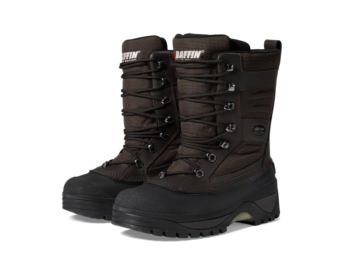 Men's insulated lace-up winter boots, brown and black, dual straps and padded collar