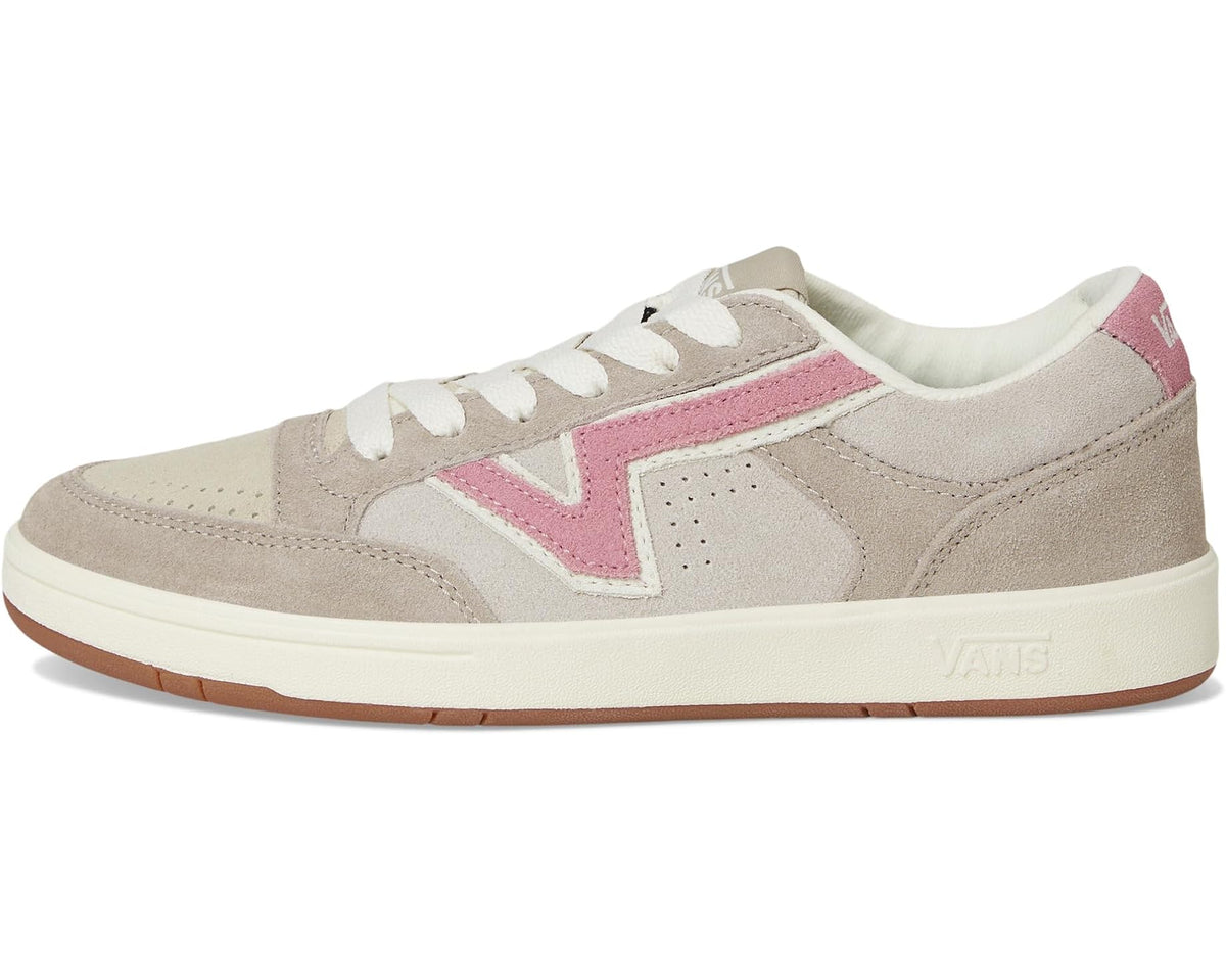 Vans low-top court sneakers in gray suede with pink V accents and off-white sole