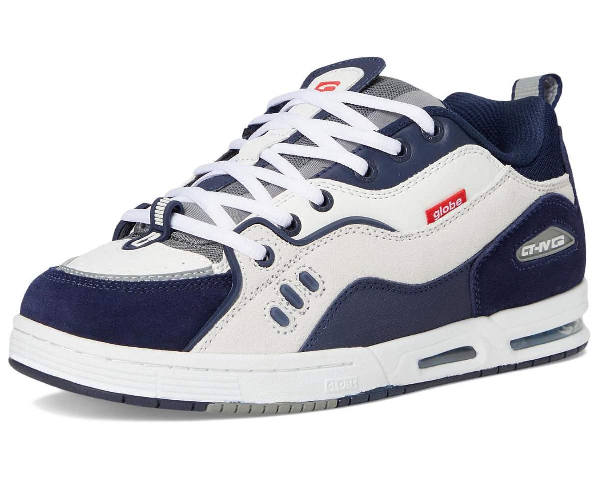 Men's white and navy low-top sneakers with lace-up closure and red globe tongue tag