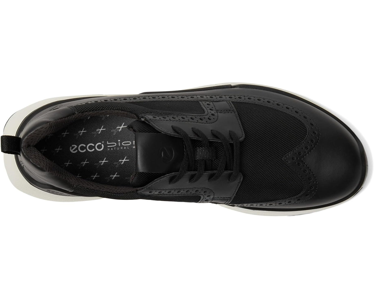 ECCO men's black brogue sneaker, side view with lace-up and cushioned insole