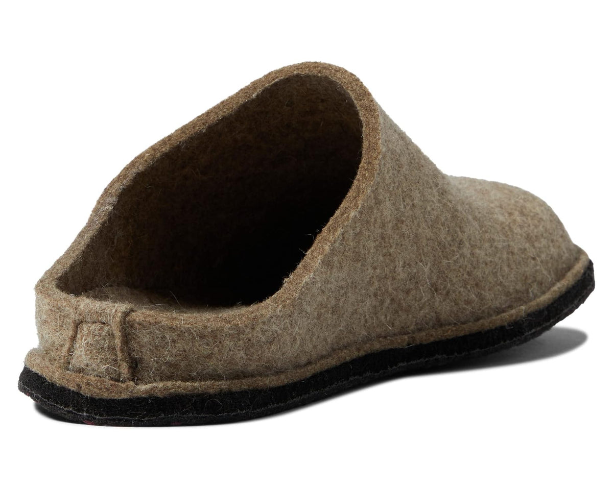 Tan felt slipper with open heel and cushioned interior, black sole