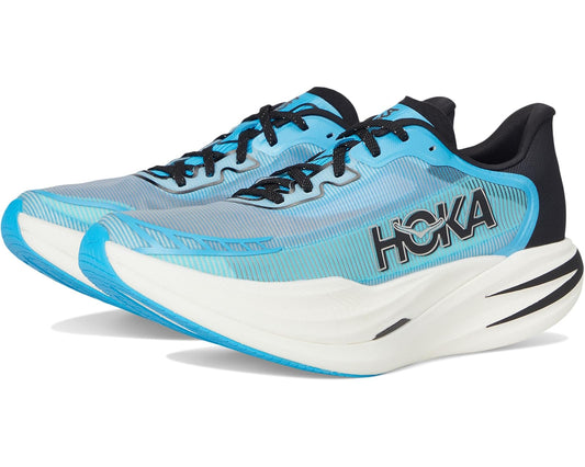 Women's blue and black running shoe with lace-up mesh upper and HOKA logo