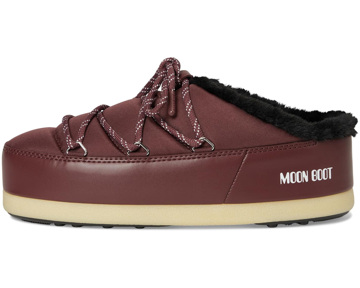 Burgundy unisex lace-up boot with black faux-fur trim and beige midsole
