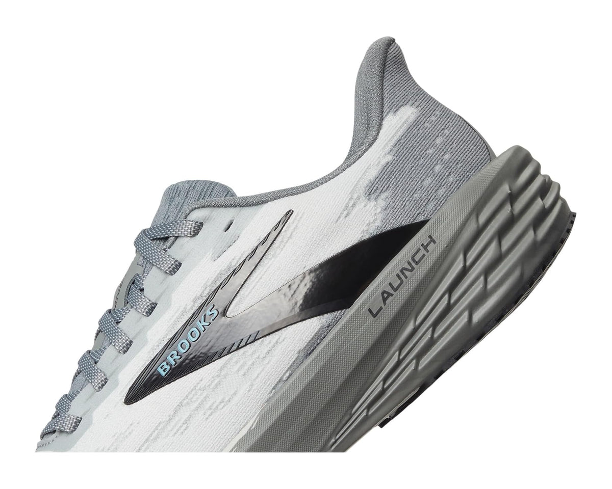 Light gray lace-up running shoe with black Launch stripe and textured sole