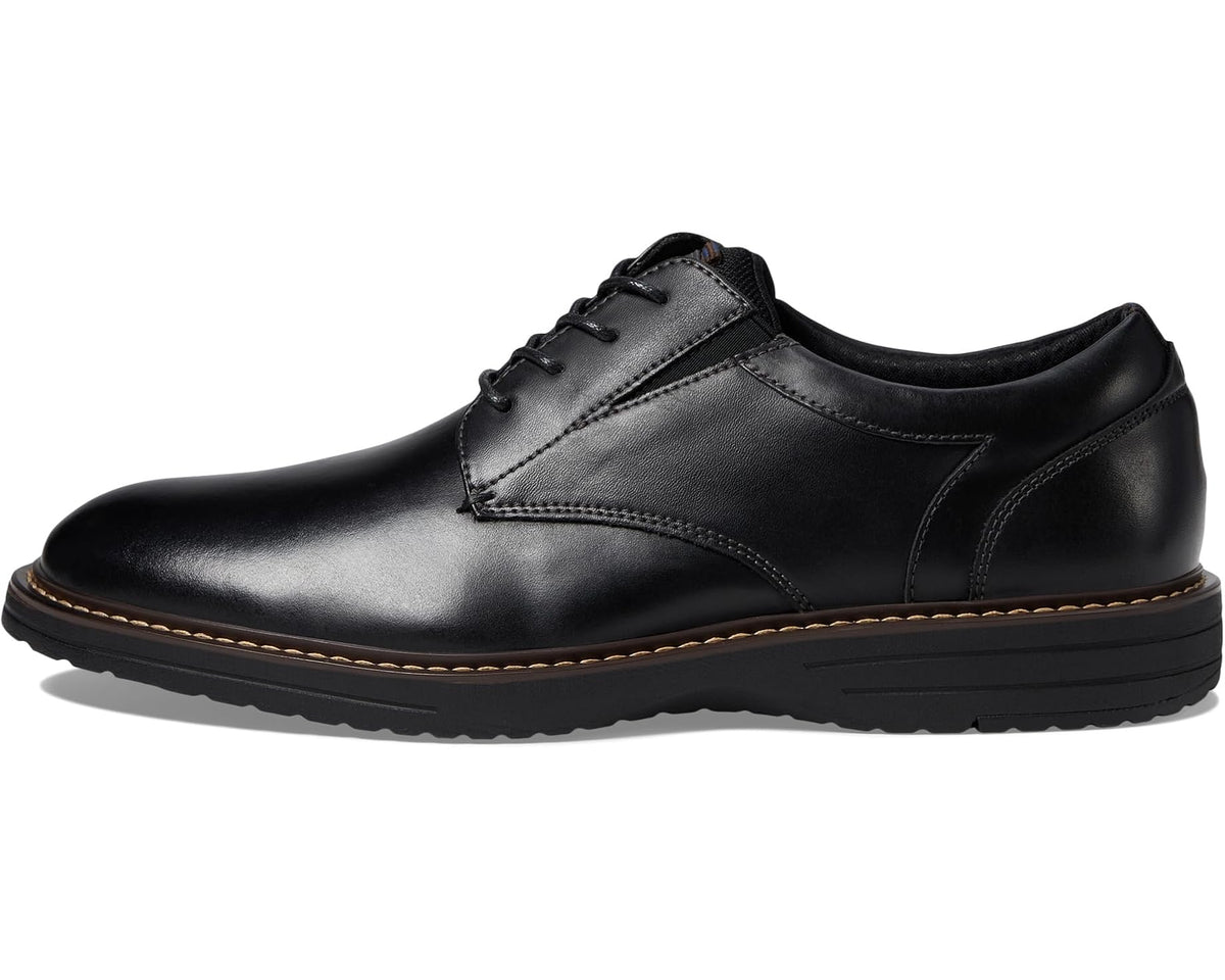Men's black leather lace-up oxford with plain toe and brown accent stitching