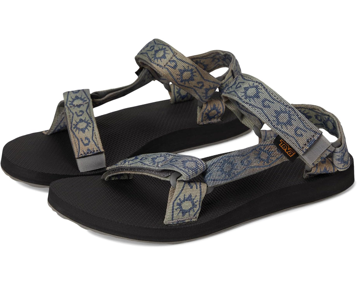 Men's Teva sport sandals with blue patterned straps and adjustable hook-and-loop.