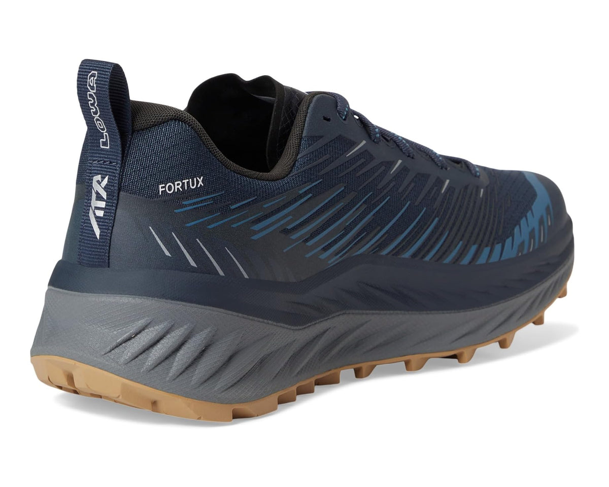 Men's dark navy trail shoe with blue logo heel tab and padded collar