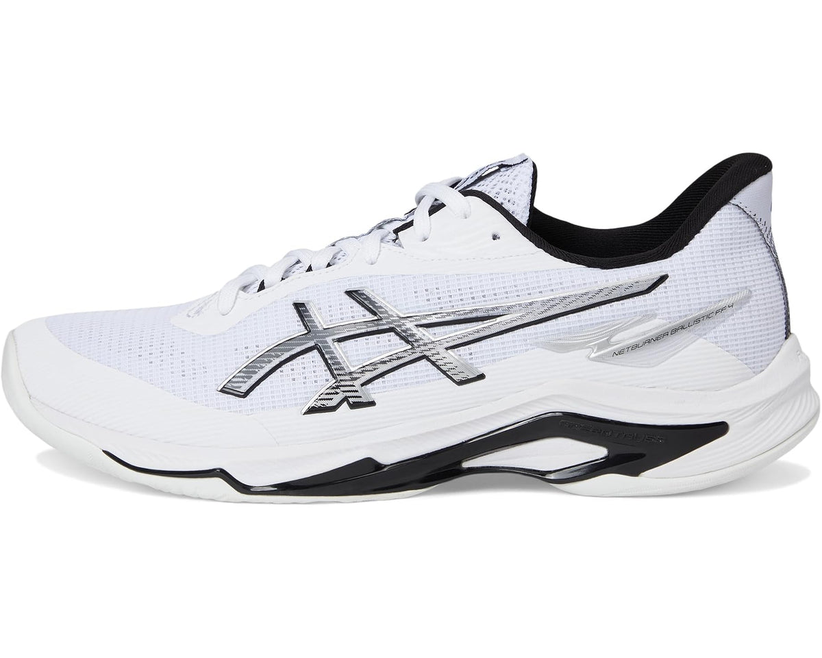 Men's ASICS lace-up athletic shoe, white upper with black logo and midsole trim.