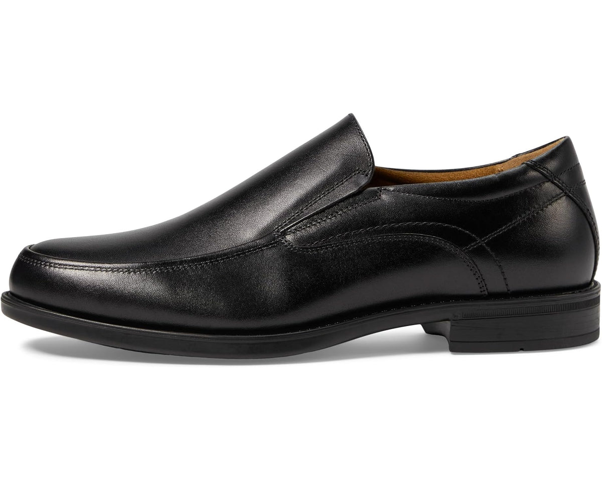 Men's Florsheim moc toe slip-on loafers, black leather side profile and stitching