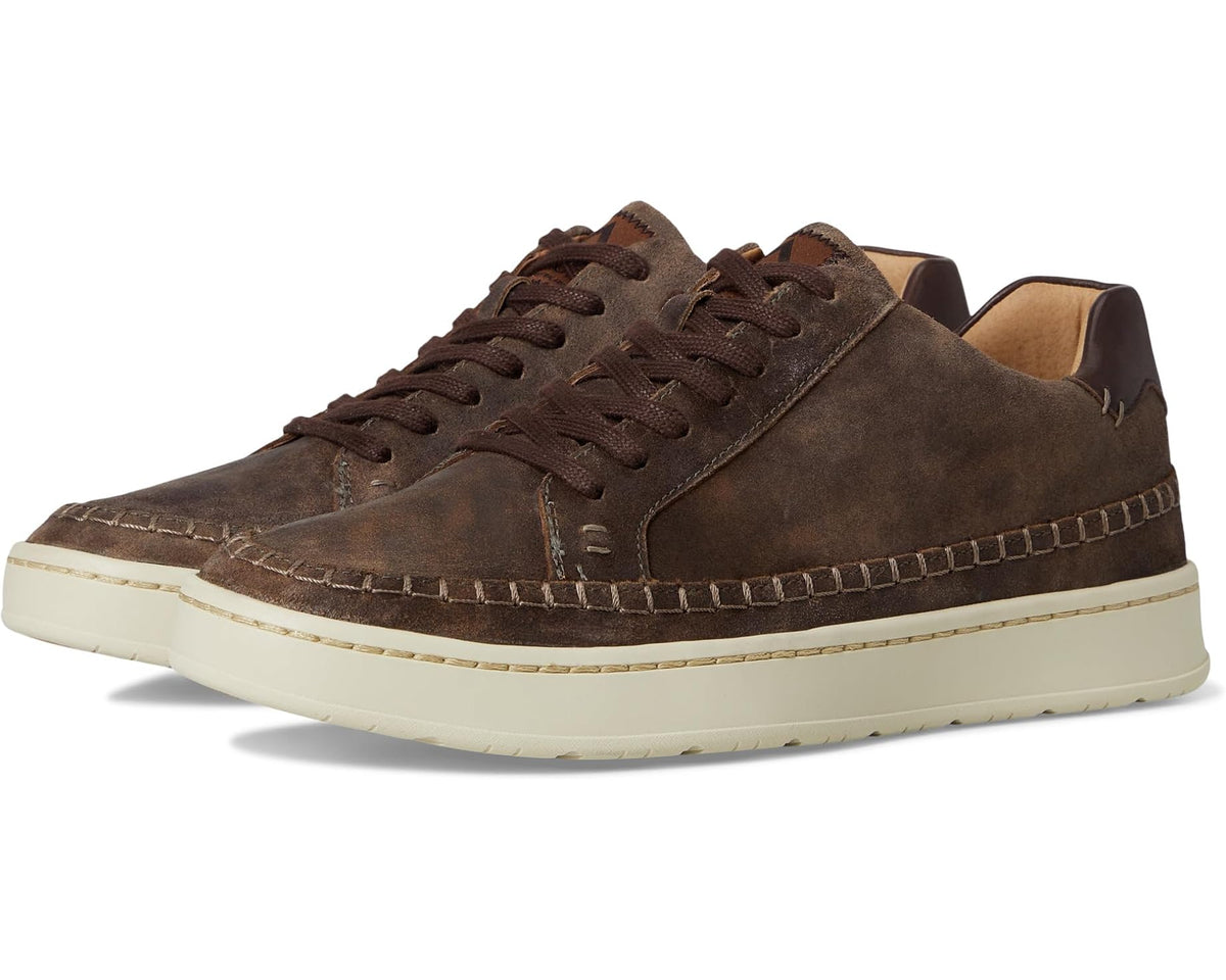 Men's dark brown suede lace-up sneaker with stitched midsole and white rubber sole