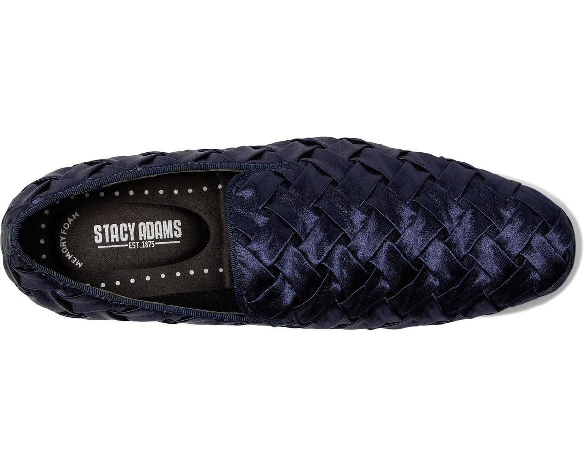 Navy slip-on loafer interior view with “STACY ADAMS” logo on insole