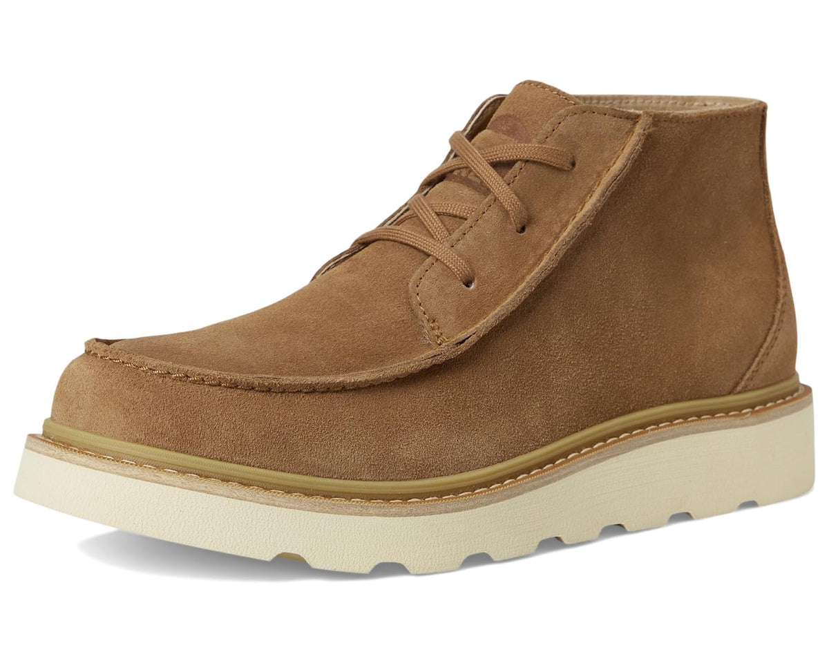 Tan suede lace-up chukka boot with cream sole and stitched moc toe seam