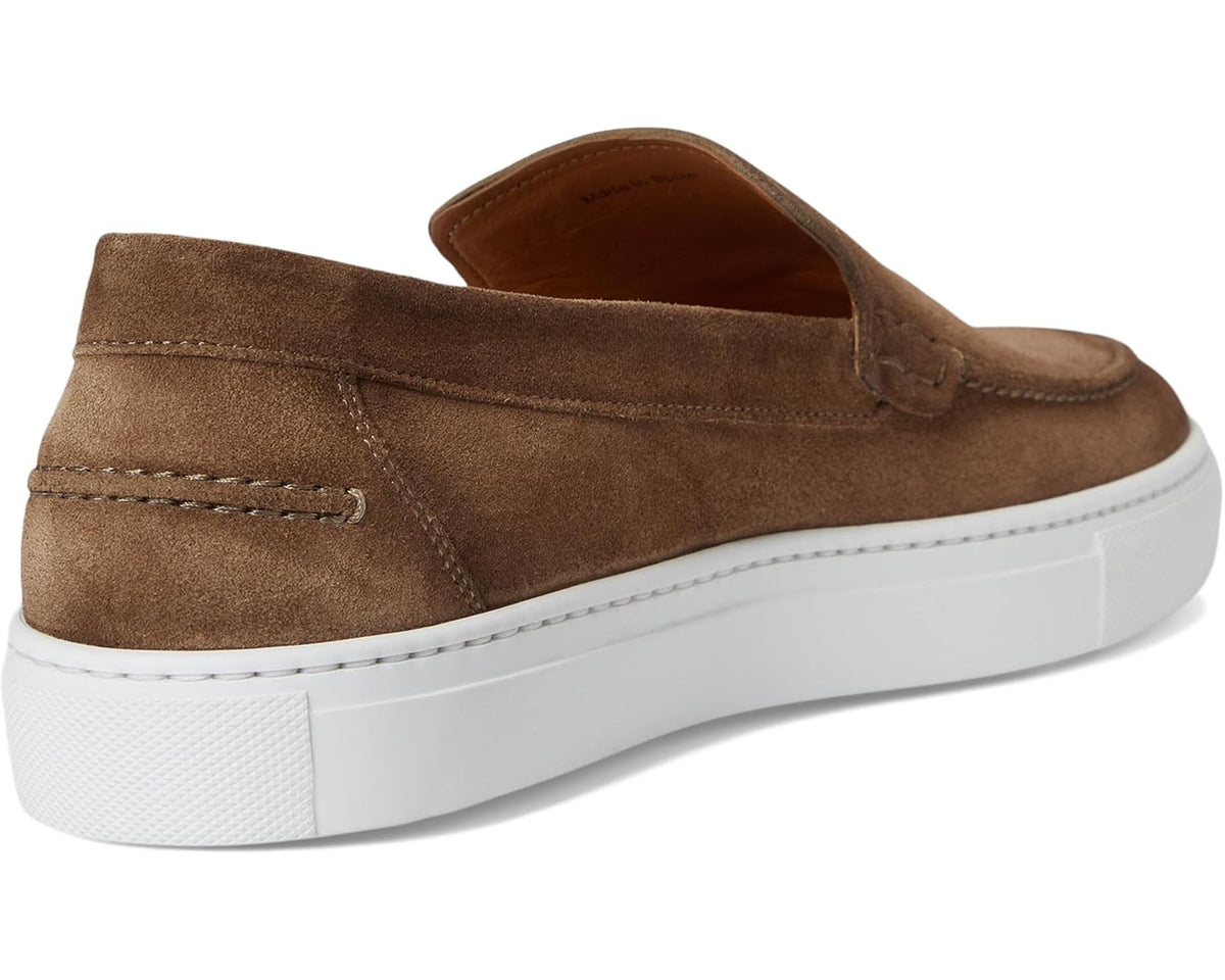 Back view of suede slip-on moccasin with stitched apron and white sole