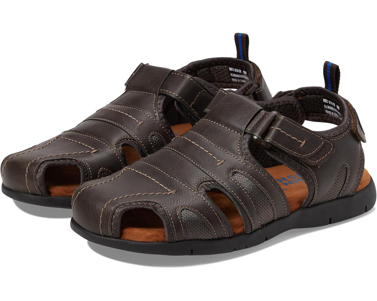 Closed-toe fisherman sandal in dark brown with adjustable straps and cushioned collar