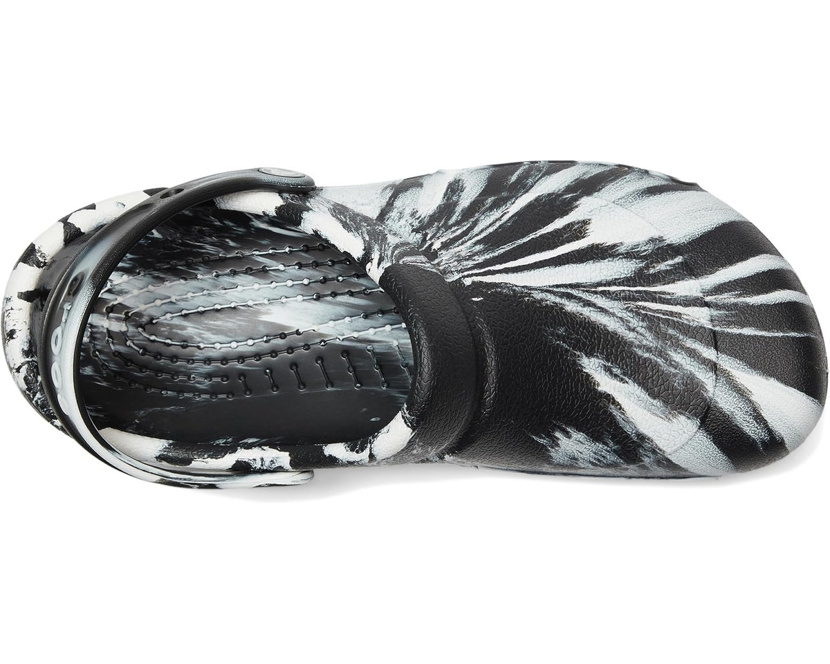 Unisex Crocs work clog with black-and-white zebra upper and textured footbed view.