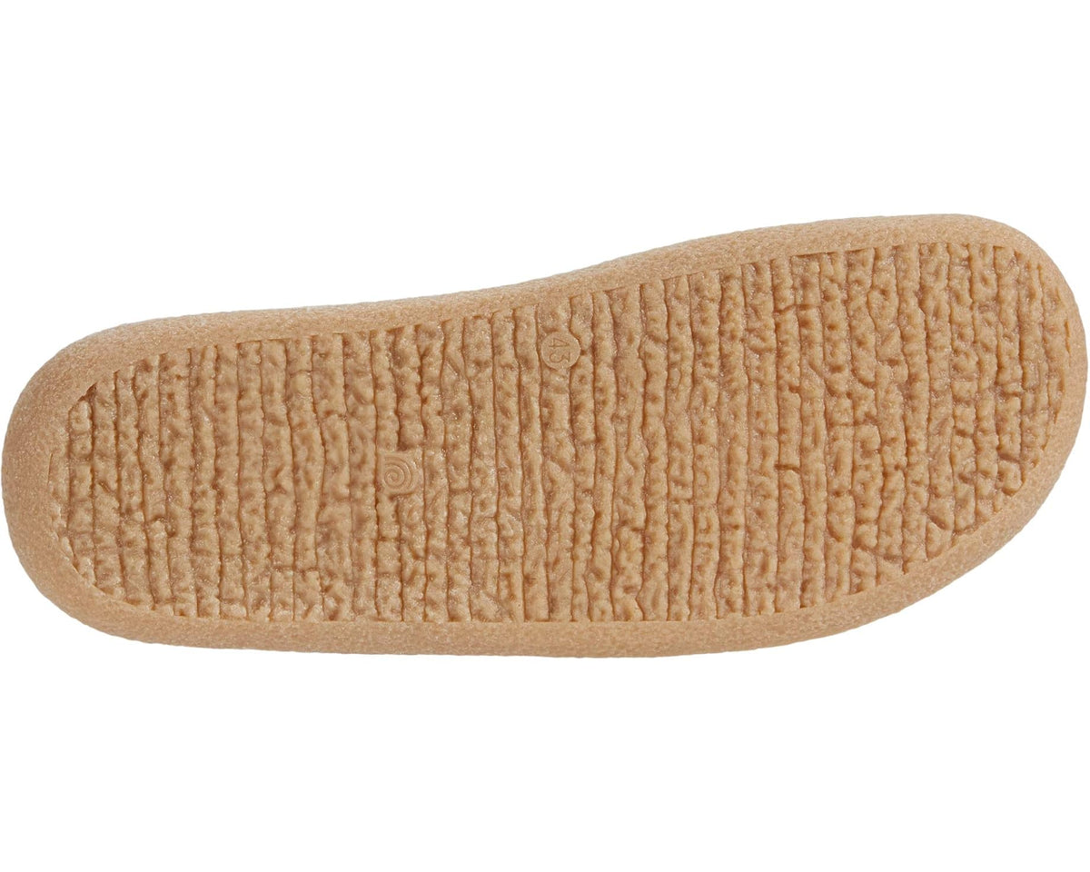 Gray felt slide sandal outsole with textured tan tread pattern.