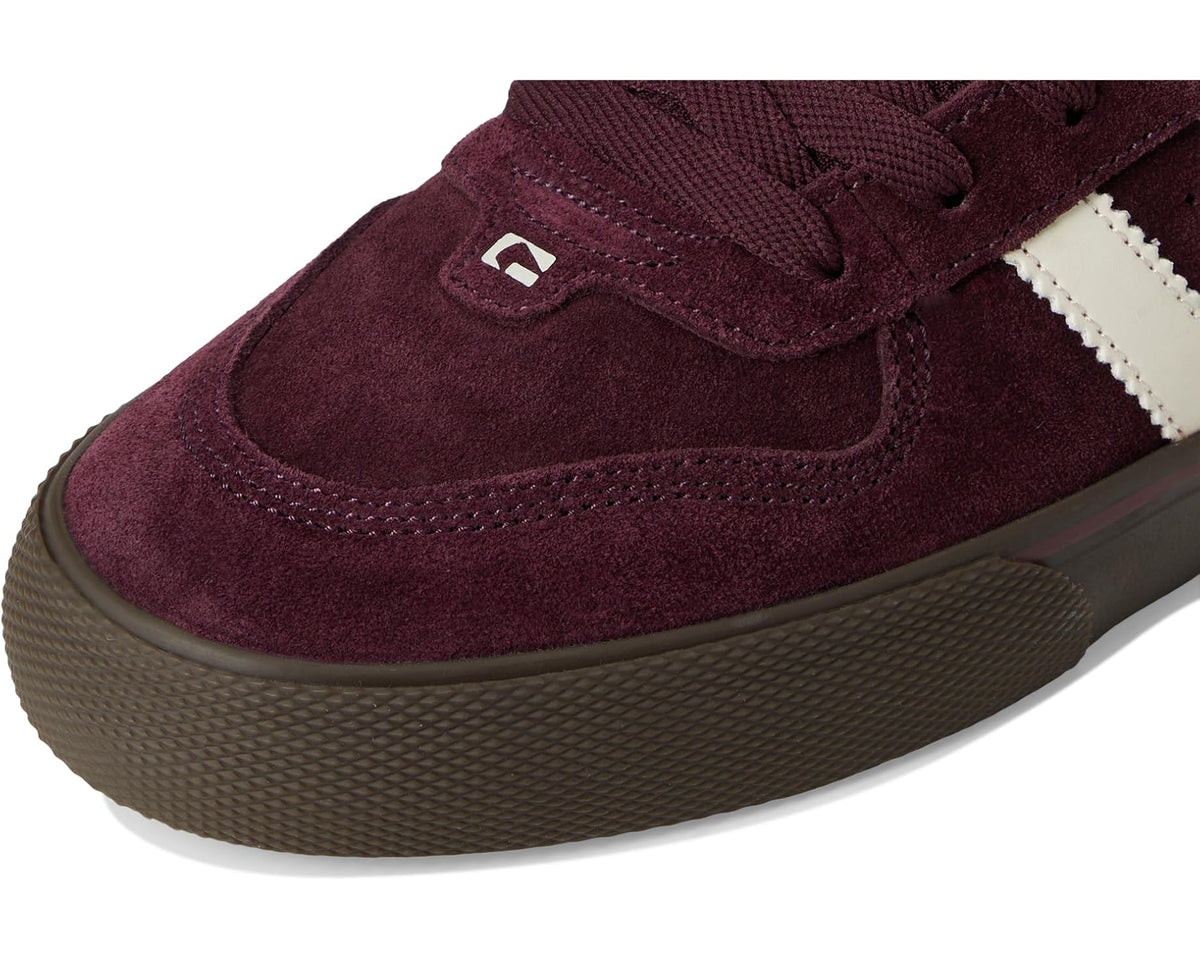 Men's eggplant suede sneakers, close-up of laces and side logo