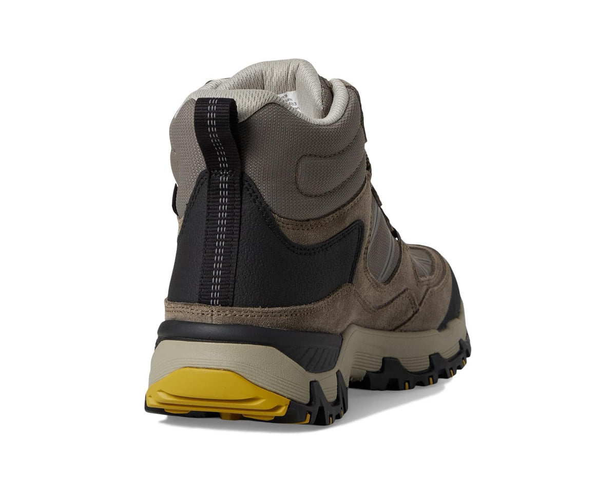 Men's waterproof mid hiker boot heel view with cushioned collar and yellow sole
