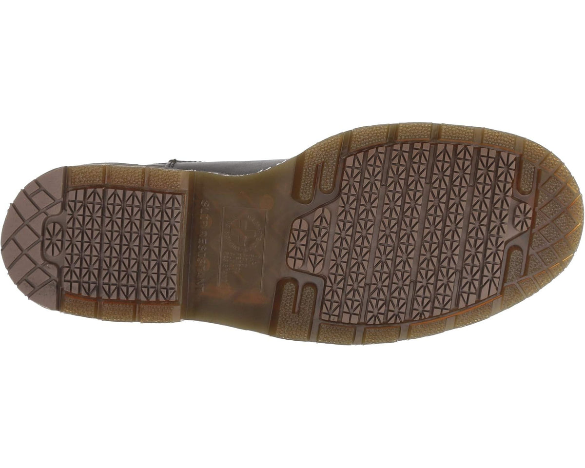 Dr. Martens black chelsea boot outsole with patterned tread and welt stitching