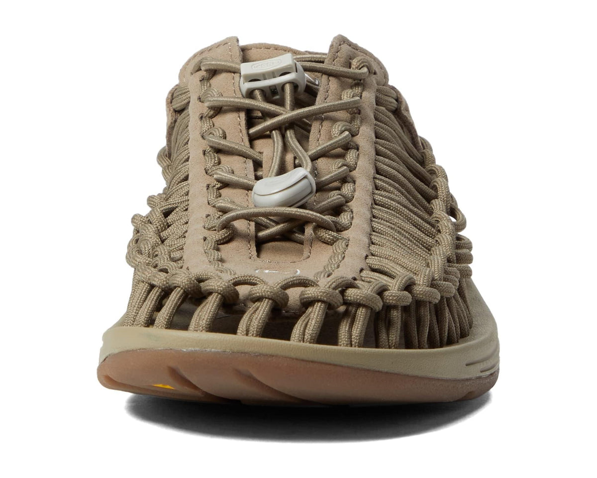 Men's KEEN Uneek sandal with taupe braided knit side and lace-up bungee cords