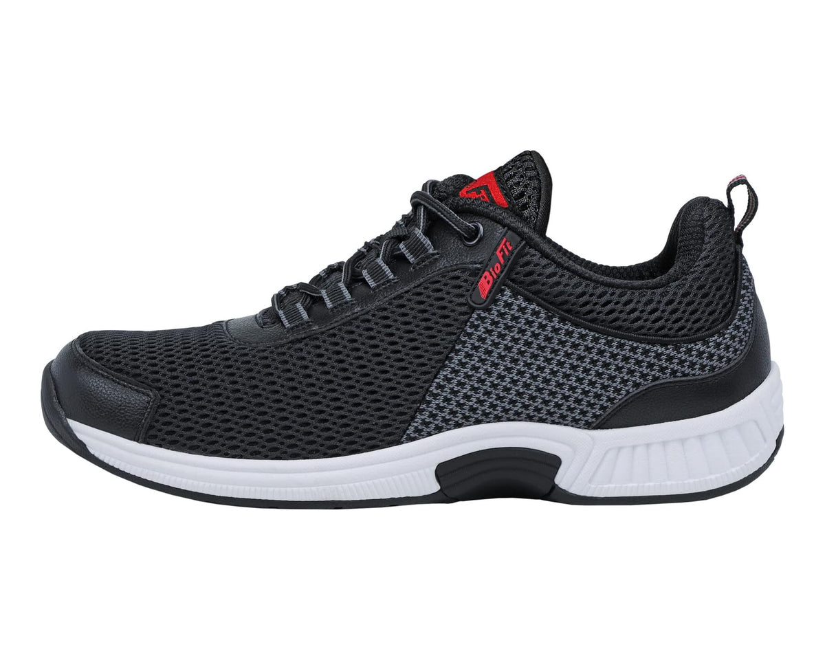 Black mesh lace-up walking sneaker with red accents and white midsole