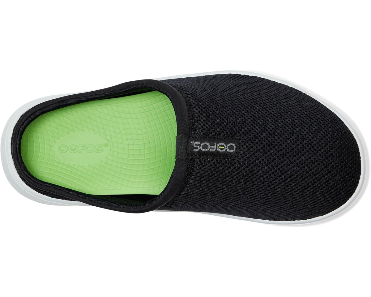 Men's OOFOS OOcoozie sport mule shoe, black mesh with neon green lining