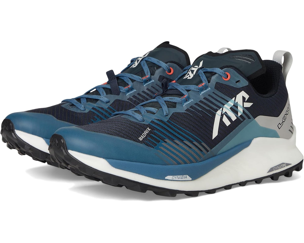 Men's trail running shoe in dark navy with blue accents and white outsole
