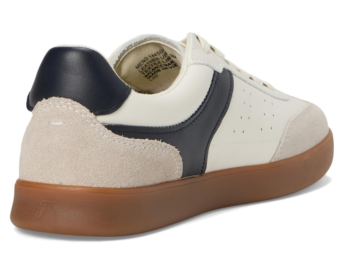 Men's Florsheim Pace sneakers heel view; bone suede and leather with black collar, gum sole.