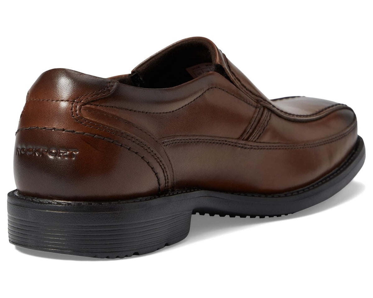Men's tan-brown leather slip-on loafer heel with rocker sole and rear stitching