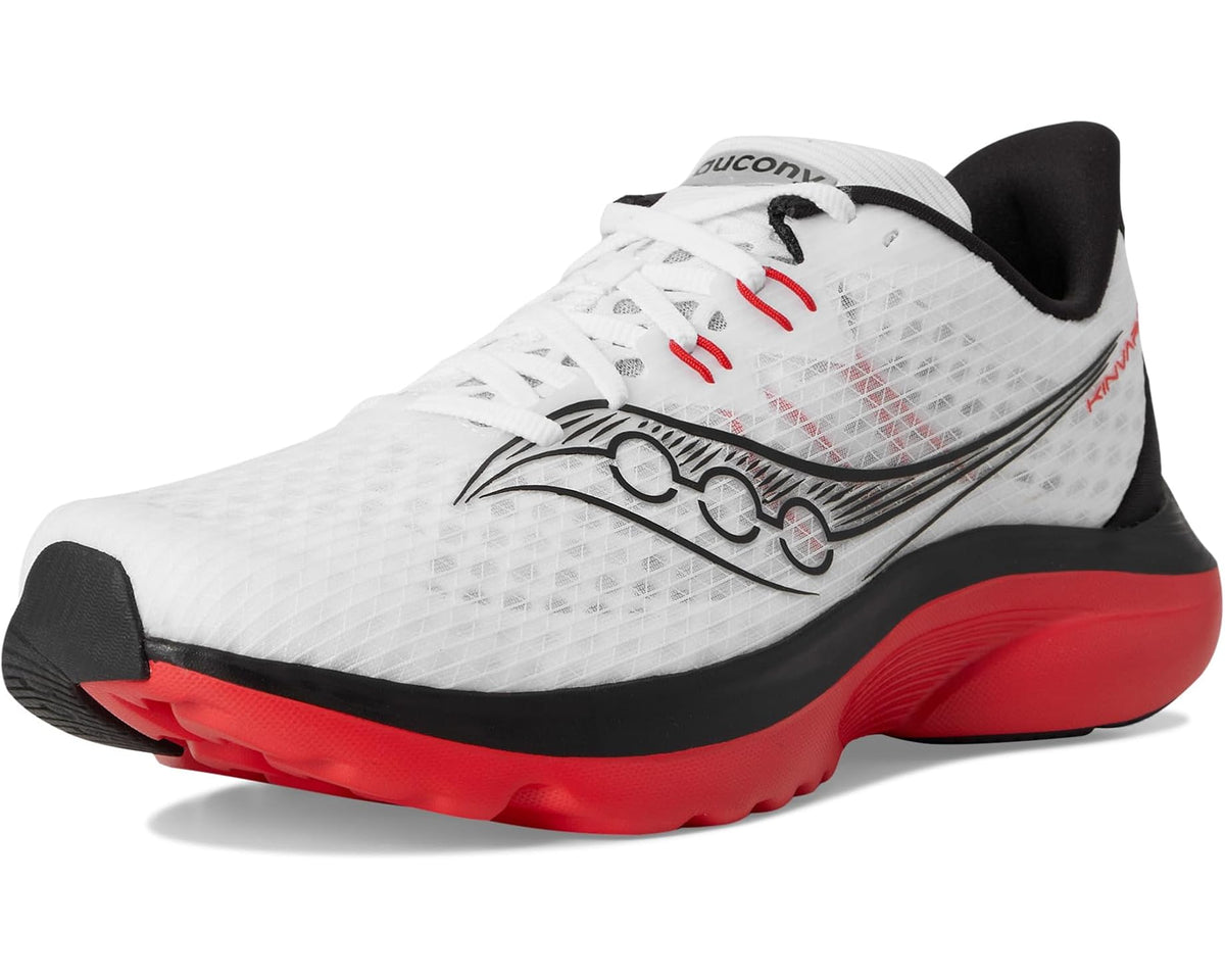 Men's white running shoe with black detailing and red cushioned outsole