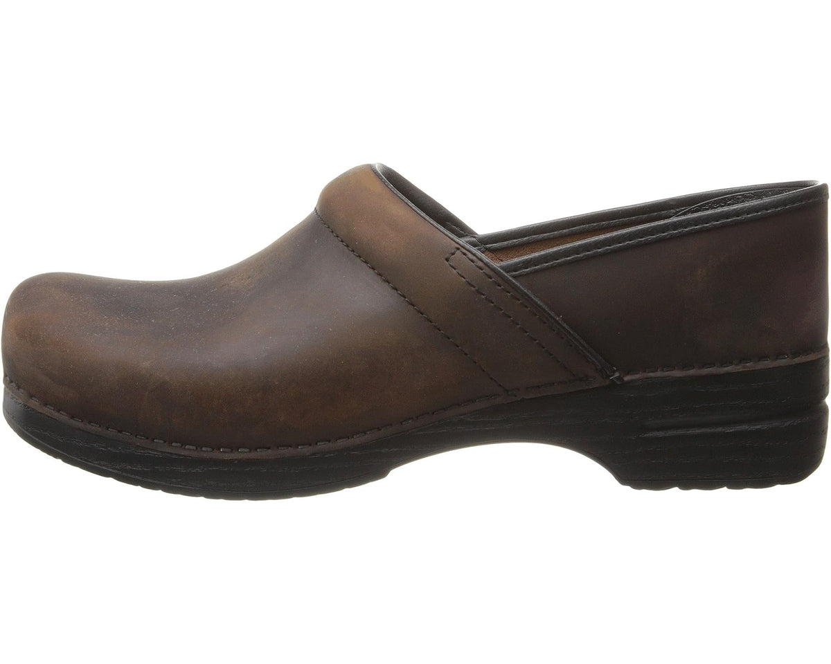 Antique brown oiled leather clog with side stitch panel and low heel