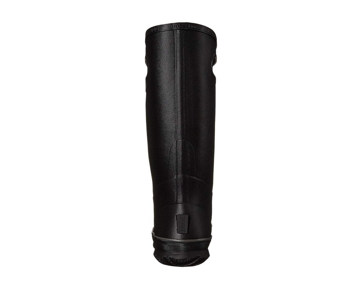 Black rain boot back view with heel pull tab and seam detailing