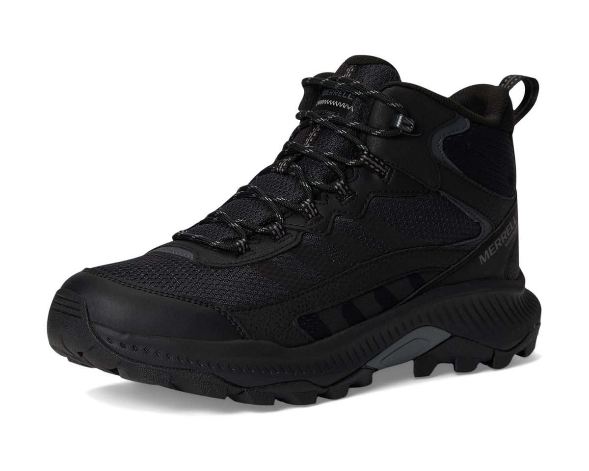 Merrell black mid-top waterproof boot, lace-up with grippy outsole and side accents