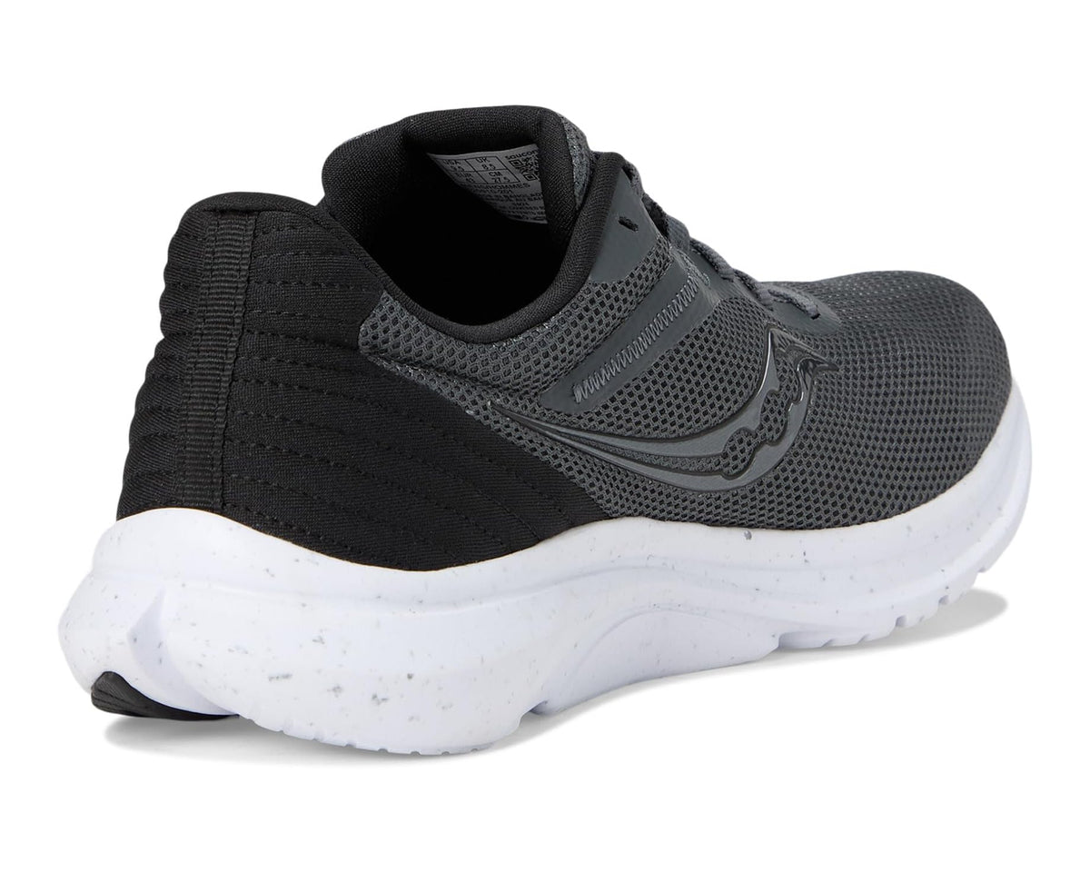Men's dark gray low-top running shoes with black heel panel and white midsole