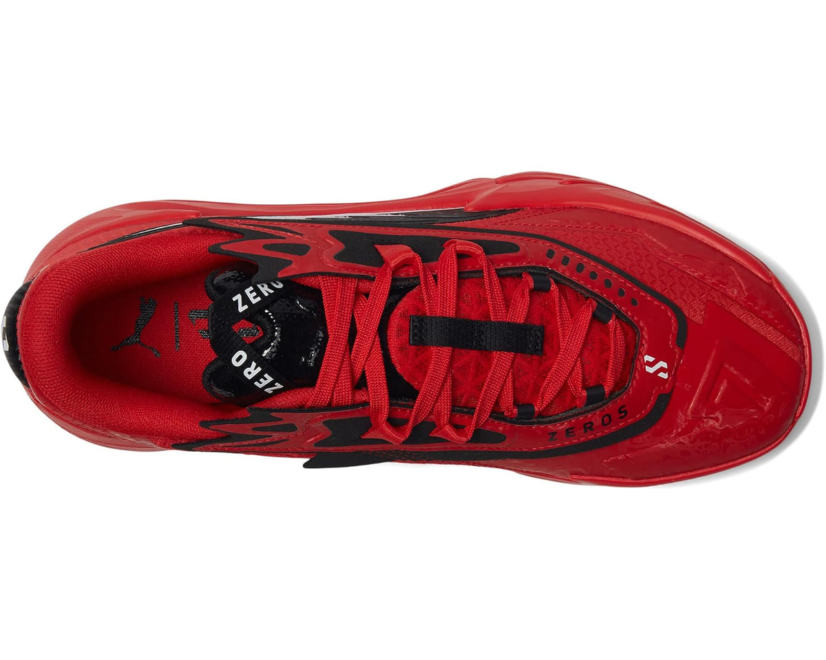 Men's PUMA basketball shoes, red upper with black lacing and logo detail, side view.