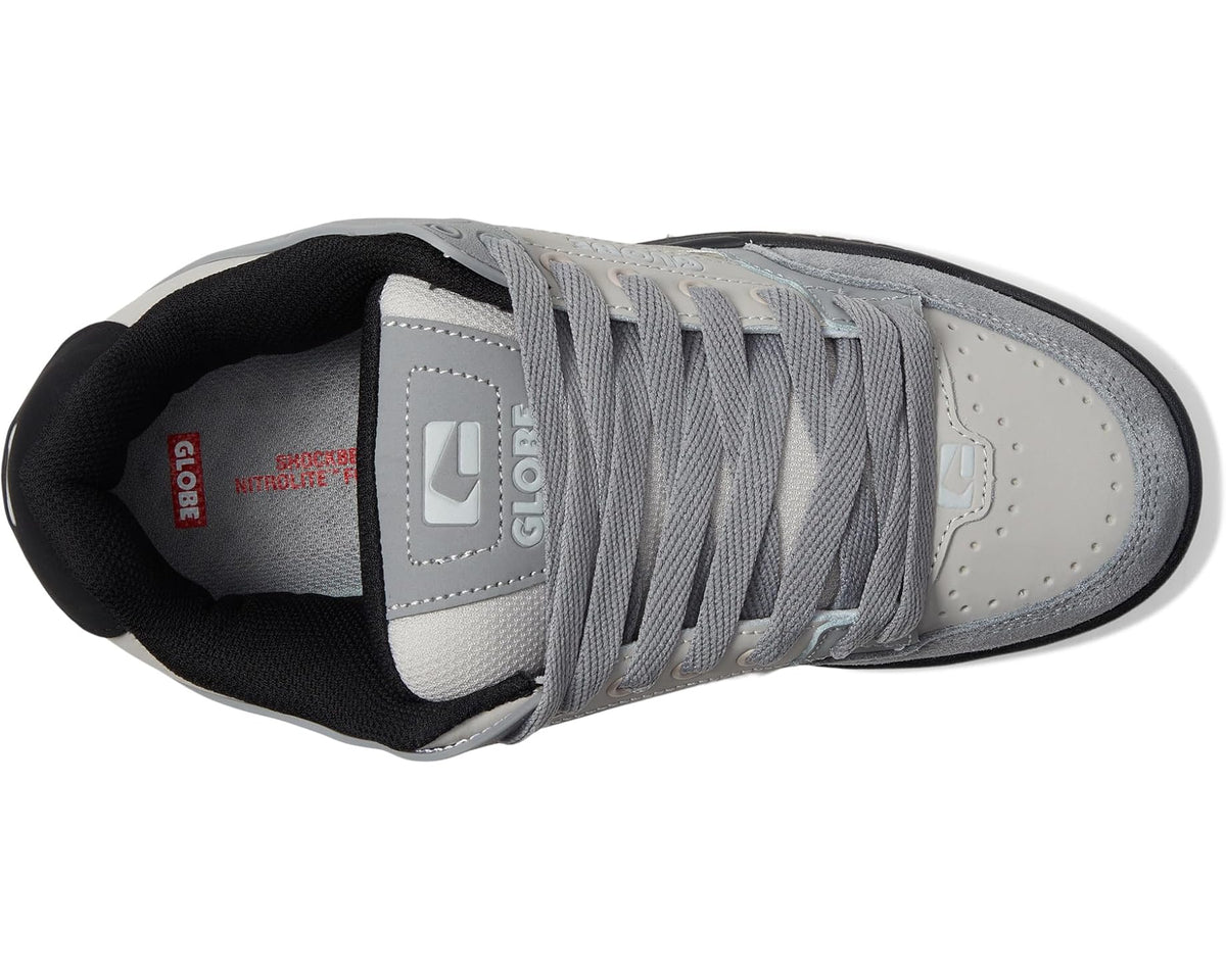 Low-top sneaker interior and lace area in light gray with off-white leather and black collar