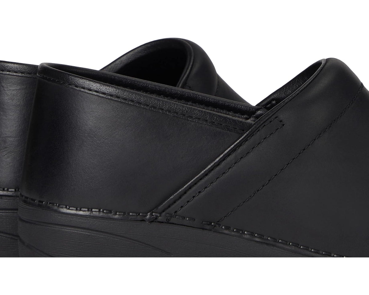 Black leather slip-on clog upper with stitched side strap detail