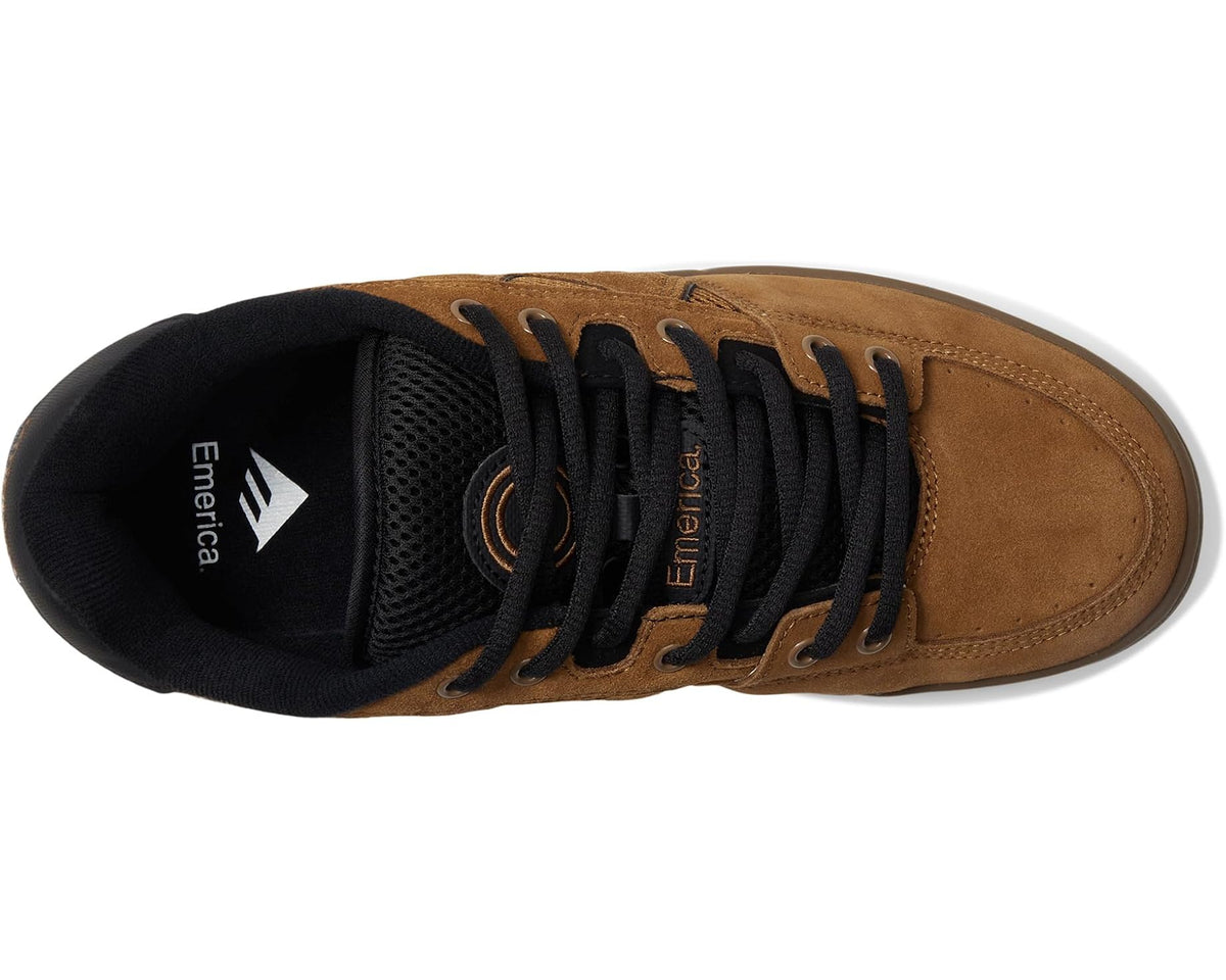 Low-top skate shoe with brown suede upper, black lining, and lace-up design