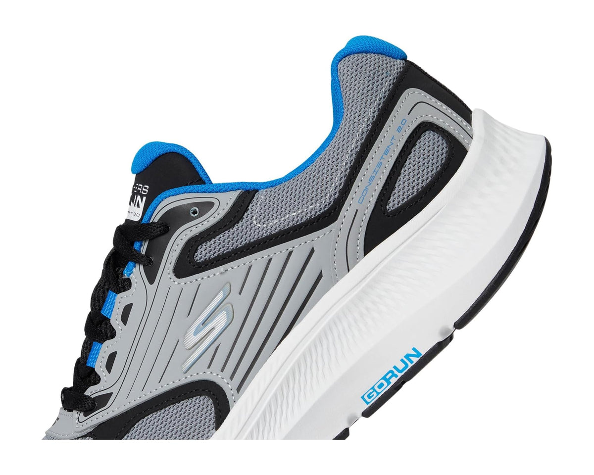 Men's SKECHERS running shoe quarter view showing grey panels and white midsole