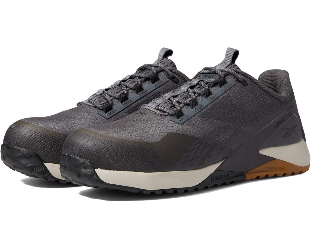 Men's Reebok work shoe in grey/black, lace-up with comp toe