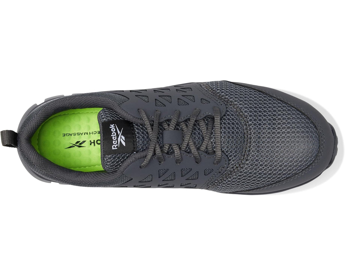 Grey work shoe with mesh upper, lace-up and green interior lining
