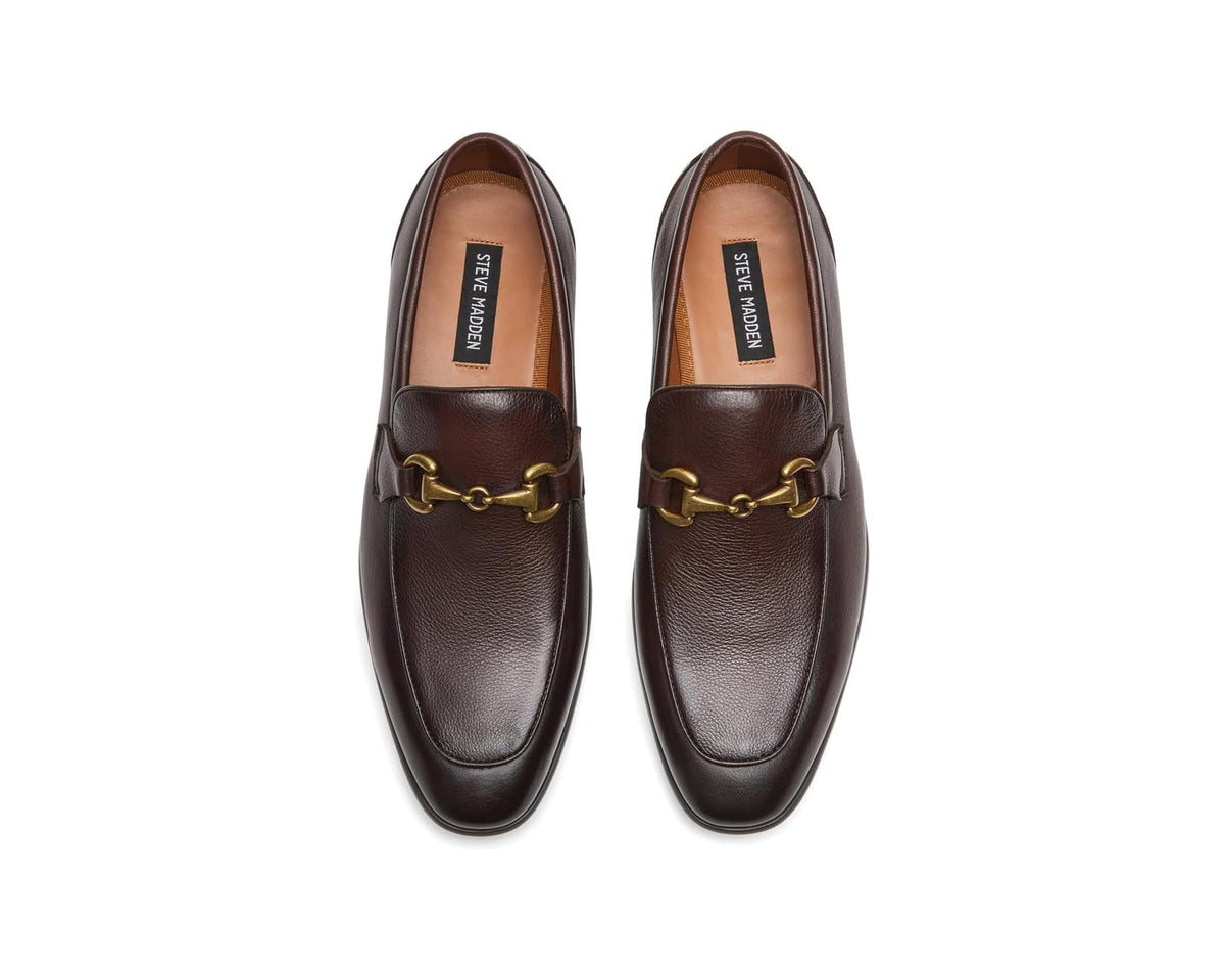 Pair of brown leather loafers with gold-tone horsebit across the vamp
