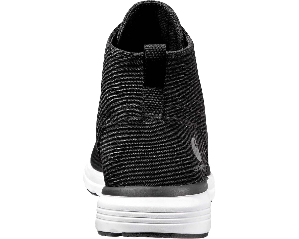 Black canvas chukka boot heel with pull tab and cushioned collar