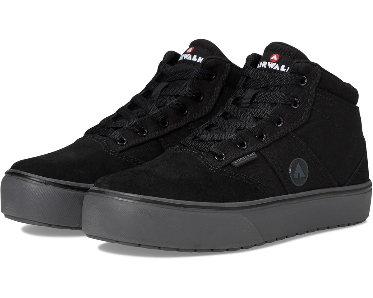 Black lace-up mid work boots with padded collar and Airwalk side logo