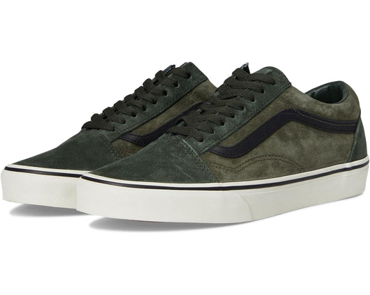 Vans Old Skool pig suede sneakers in dark green with black laces and stripe